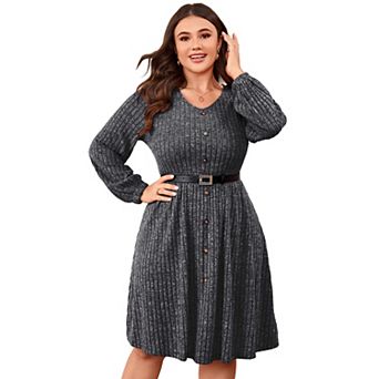 Women's V Neck Lantern Sleeve Button Sweater Dress with Belt