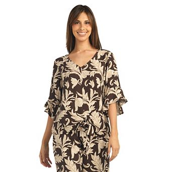 Women's AB Studio Flounce Sleeve Floral Tie Front Top