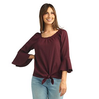 Women's AB Studio Flounce Sleeve Tie Front Peasant Top