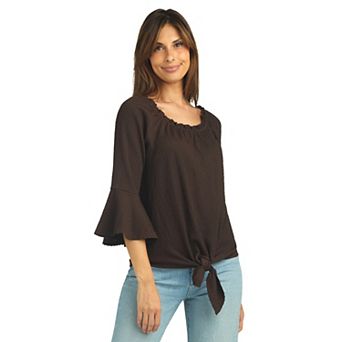 Women's AB Studio Flounce Sleeve Tie Front Peasant Top
