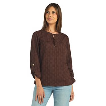 Women's AB Studio Roll Tab Sleeve Split Neck Peasant Top