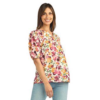 Women's AB Studio Elbow Sleeve Split Neck Floral Peasant Top