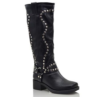 Studded Knee High Block Heel Boot