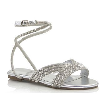Rhinestone Multi-Strap Ankle Strap Flat Sandals