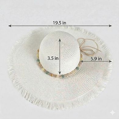 Wide Brim Straw Sun Hat with Fringe Edge and Beaded Band Summer Beach Sun Protection Hat