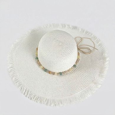 Wide Brim Straw Sun Hat with Fringe Edge and Beaded Band Summer Beach Sun Protection Hat