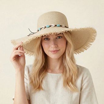 Wide Brim Straw Sun Hat with Fringe Edge and Beaded Band Summer Beach Sun Protection Hat