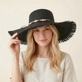 Wide Brim Straw Sun Hat with Fringe Edge and Beaded Band Summer Beach Sun Protection Hat