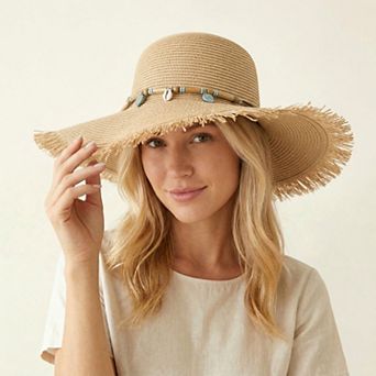 Wide Brim Straw Sun Hat with Fringe Edge and Beaded Band Summer Beach Sun Protection Hat
