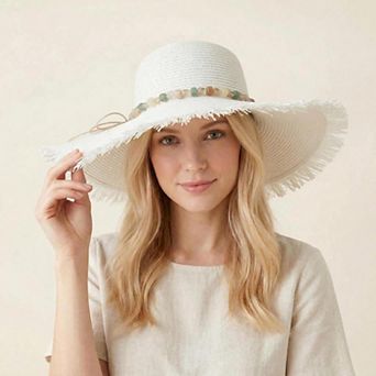Wide Brim Straw Sun Hat with Fringe Edge and Beaded Band Summer Beach Sun Protection Hat
