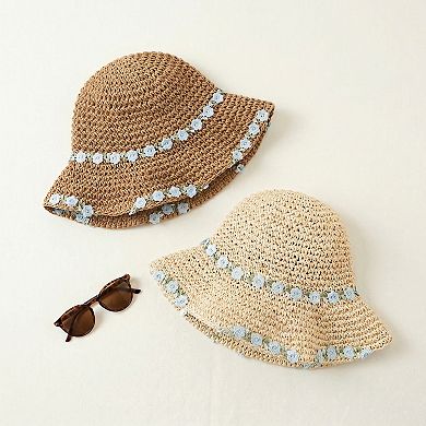Women's Straw Sun Hat Wide Brim Floppy Beach Hat with Floral Trim Foldable Summer UV Protection