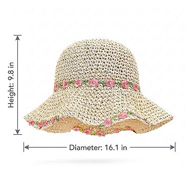 Women's Straw Sun Hat Wide Brim Floppy Beach Hat with Floral Trim Foldable Summer UV Protection
