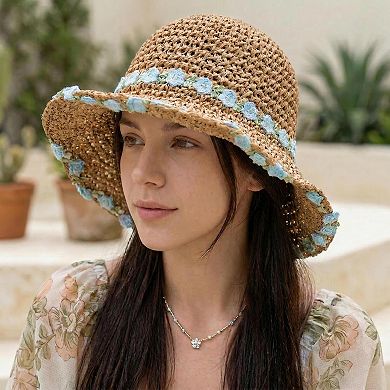 Women's Straw Sun Hat Wide Brim Floppy Beach Hat with Floral Trim Foldable Summer UV Protection