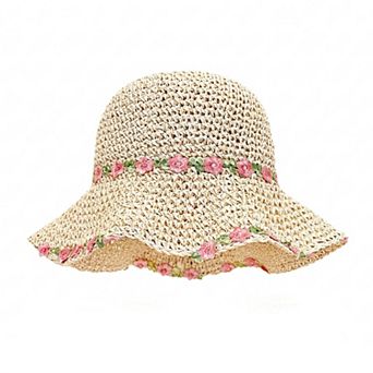 Women's Straw Sun Hat Wide Brim Floppy Beach Hat with Floral Trim Foldable Summer UV Protection