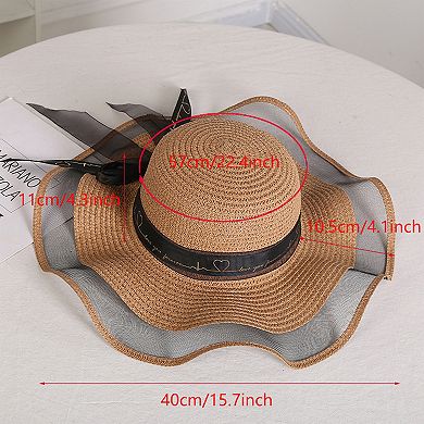 Women's Wide Brim Straw Sun Hat Sheer Mesh Trim Bow Ribbon Summer Beach Hat Elegant Style