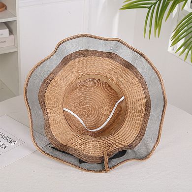 Women's Wide Brim Straw Sun Hat Sheer Mesh Trim Bow Ribbon Summer Beach Hat Elegant Style