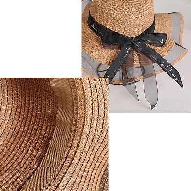 Women's Wide Brim Straw Sun Hat Sheer Mesh Trim Bow Ribbon Summer Beach Hat Elegant Style