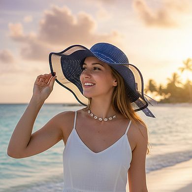 Women's Wide Brim Straw Sun Hat Sheer Mesh Trim Bow Ribbon Summer Beach Hat Elegant Style