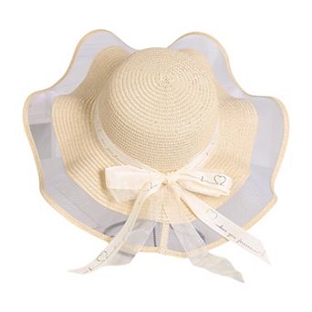 Women's Wide Brim Straw Sun Hat Sheer Mesh Trim Bow Ribbon Summer Beach Hat Elegant Style