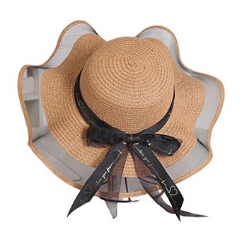 Women's Wide Brim Straw Sun Hat Sheer Mesh Trim Bow Ribbon Summer Beach Hat Elegant Style