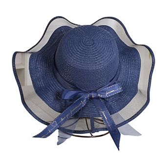 Women's Wide Brim Straw Sun Hat Sheer Mesh Trim Bow Ribbon Summer Beach Hat Elegant Style