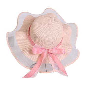 Women's Wide Brim Straw Sun Hat Sheer Mesh Trim Bow Ribbon Summer Beach Hat Elegant Style