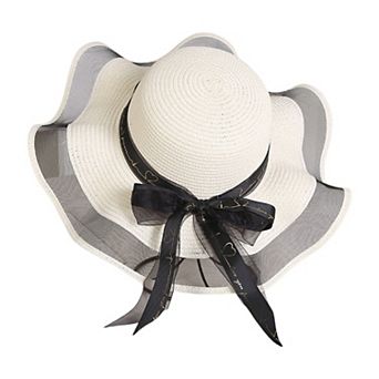 Women's Wide Brim Straw Sun Hat Sheer Mesh Trim Bow Ribbon Summer Beach Hat Elegant Style