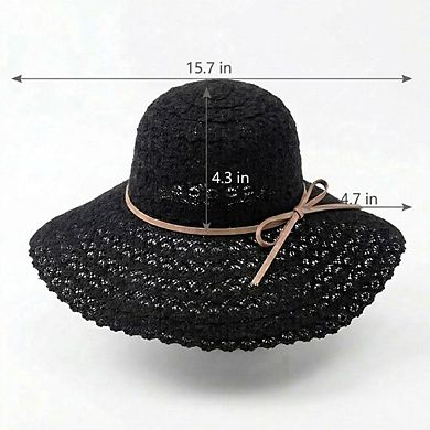 Women Wide Brim Crochet Sun Hat Lightweight Breathable Straw Hat with Chin Strap