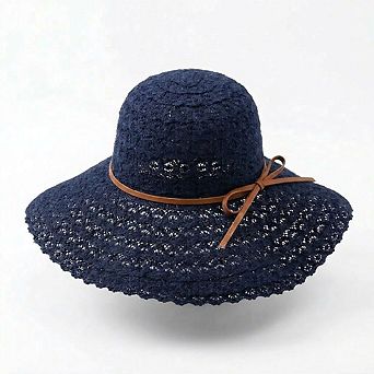 Women Wide Brim Crochet Sun Hat Lightweight Breathable Straw Hat with Chin Strap
