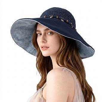 Women Wide Brim Straw Sun Hat Breathable Crochet Summer Hat with Decorative Band