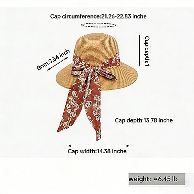 Women's Wide Brim Straw Sun Hat Floral Bow Ribbon Summer Beach Hat Adjustable Fit Lightweight