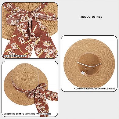Women's Wide Brim Straw Sun Hat Floral Bow Ribbon Summer Beach Hat Adjustable Fit Lightweight
