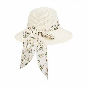 Women's Wide Brim Straw Sun Hat Floral Bow Ribbon Summer Beach Hat Adjustable Fit Lightweight