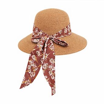 Women's Wide Brim Straw Sun Hat Floral Bow Ribbon Summer Beach Hat Adjustable Fit Lightweight
