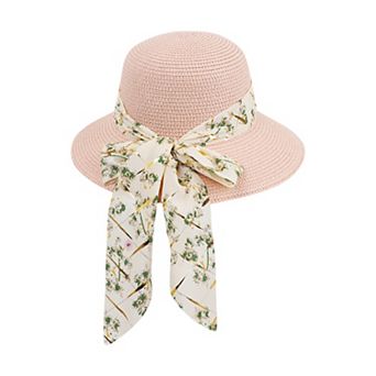 Women's Wide Brim Straw Sun Hat Floral Bow Ribbon Summer Beach Hat Adjustable Fit Lightweight
