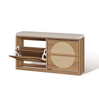 Rattan Entryway Bench with Seat Cushion & Coat Rack, Shoe Storage Cabinet with 2 Flip Drawers