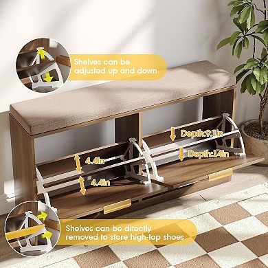 Rattan Entryway Bench with Seat Cushion & Coat Rack, Shoe Storage Cabinet with 2 Flip Drawers