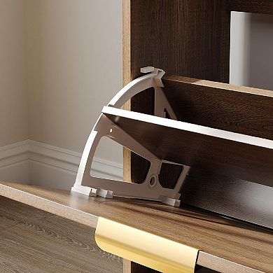 Rattan Entryway Bench with Seat Cushion & Coat Rack, Shoe Storage Cabinet with 2 Flip Drawers