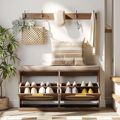 Rattan Entryway Bench with Seat Cushion & Coat Rack, Shoe Storage Cabinet with 2 Flip Drawers