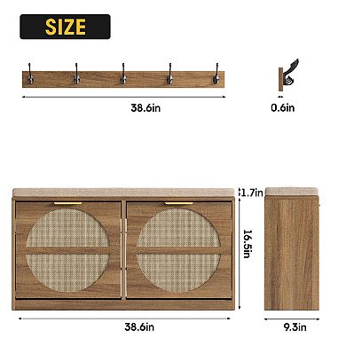 Rattan Entryway Bench with Seat Cushion & Coat Rack, Shoe Storage Cabinet with 2 Flip Drawers