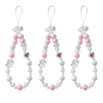 3 pc Iridescent Beaded Phone Charm Strap with Heart Accent