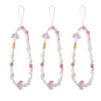 3 pc Iridescent Beaded Phone Charm Strap with Heart Accent
