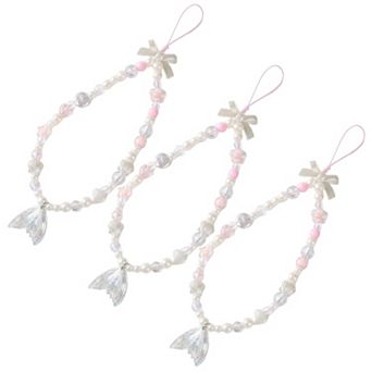 3 pc Iridescent Beaded Phone Charm Strap with Heart Accent