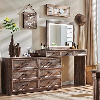 69" Wide Farmhouse Vanity Desk with 30" HD Led Mirror, Glass Top Makeup Table with 9 Storage Drawers