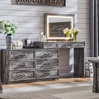 69" Wide Farmhouse Vanity Desk with 30" HD Led Mirror, Glass Top Makeup Table with 9 Storage Drawers
