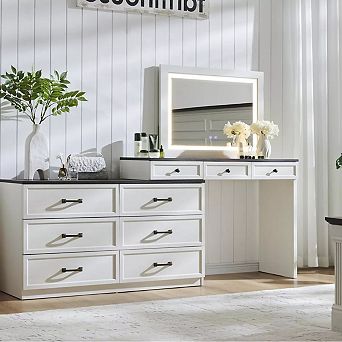 69" Wide Farmhouse Vanity Desk with 30" HD Led Mirror, Glass Top Makeup Table with 9 Storage Drawers