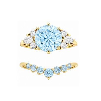 PRIMROSE 14k Gold Flash Plated Cubic Zirconia & Rhodolite Cluster V Shape Band Ring Set
