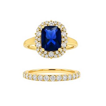 PRIMROSE 14k Gold Flash Plated Cubic Zirconia & Blue Spinel Band Ring Set