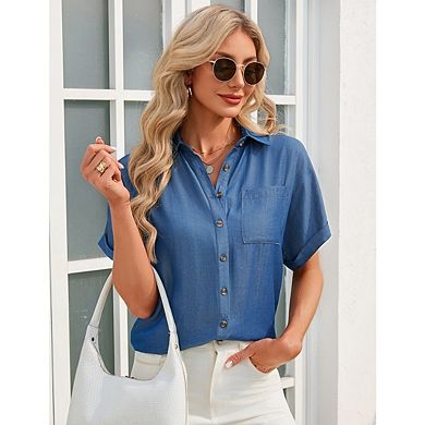 Womens Faux Denim Button Down Casual Shirts Short Sleeve Blouses Solid Summer Tops with Pocket