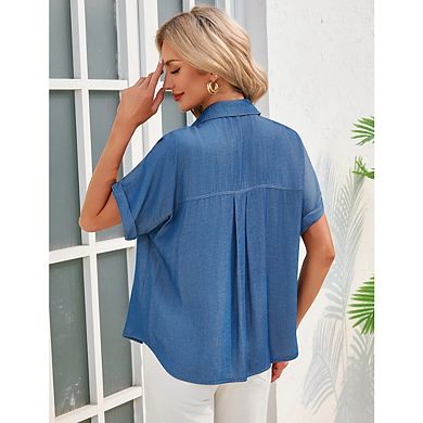 Womens Faux Denim Button Down Casual Shirts Short Sleeve Blouses Solid Summer Tops with Pocket